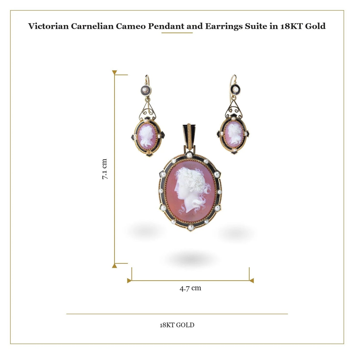 A cameo pendant and earrings suite in yellow gold with pearls and black enamel details, with measurements