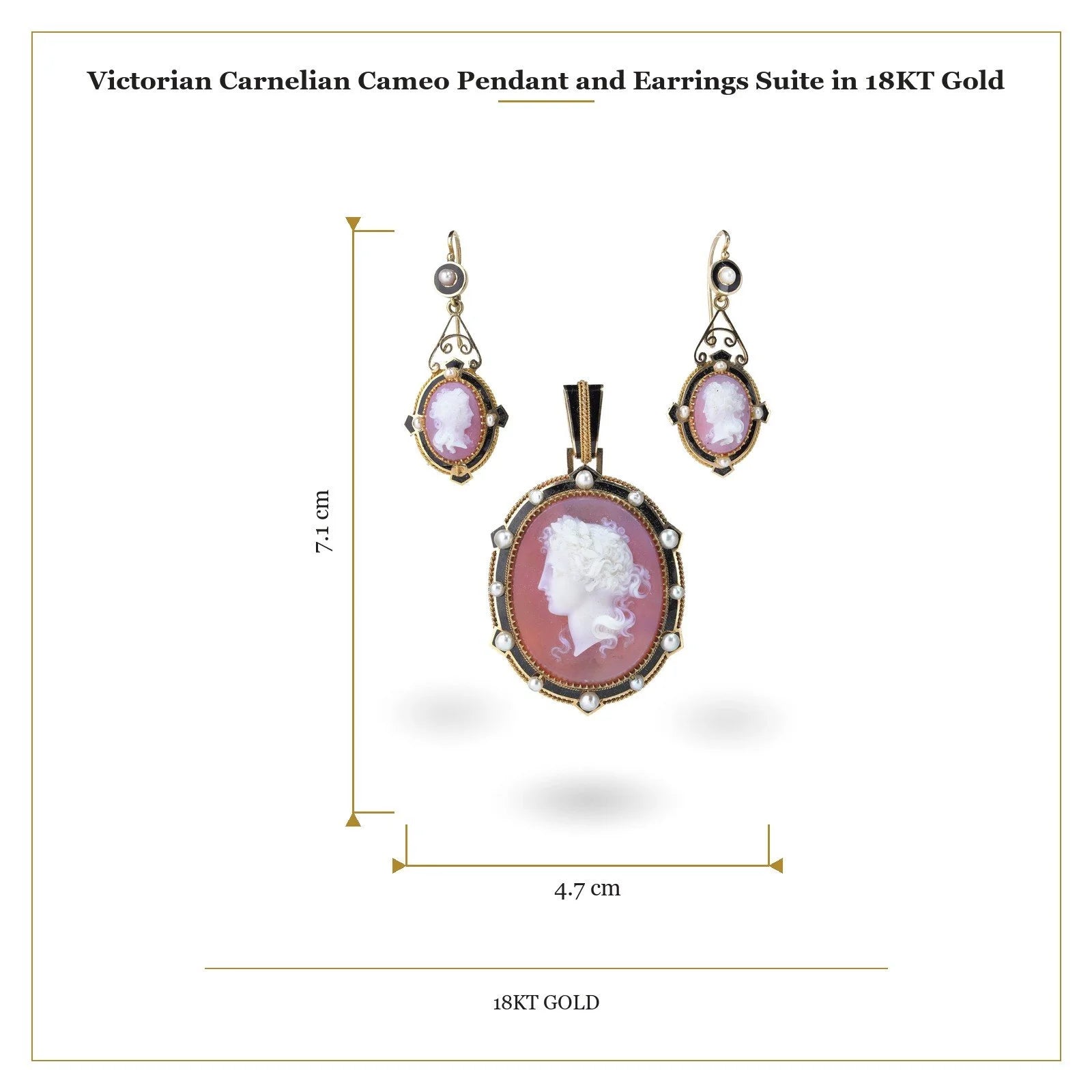 A cameo pendant and earrings suite in yellow gold with pearls and black enamel details, with measurements