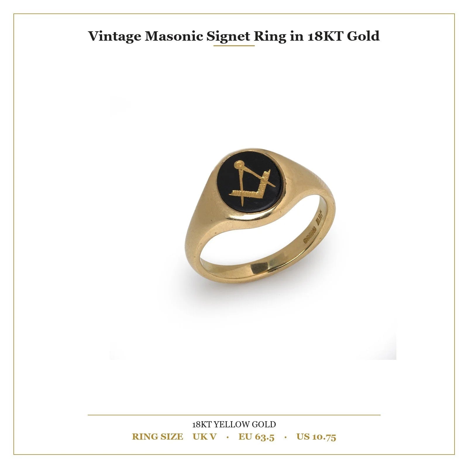 A yellow gold signet ring with an oval onyx masonic plaque, with measurements