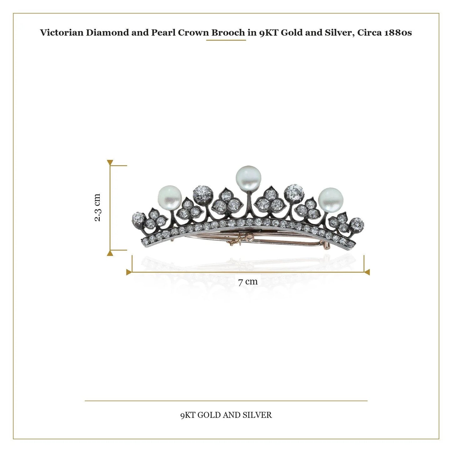 Victorian Diamond and Pearl Crown Brooch in 9KT Gold and Silver, Circa 1880s