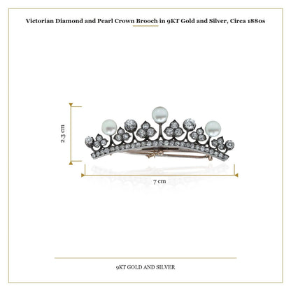Victorian Diamond and Pearl Crown Brooch in 9KT Gold and Silver, Circa 1880s