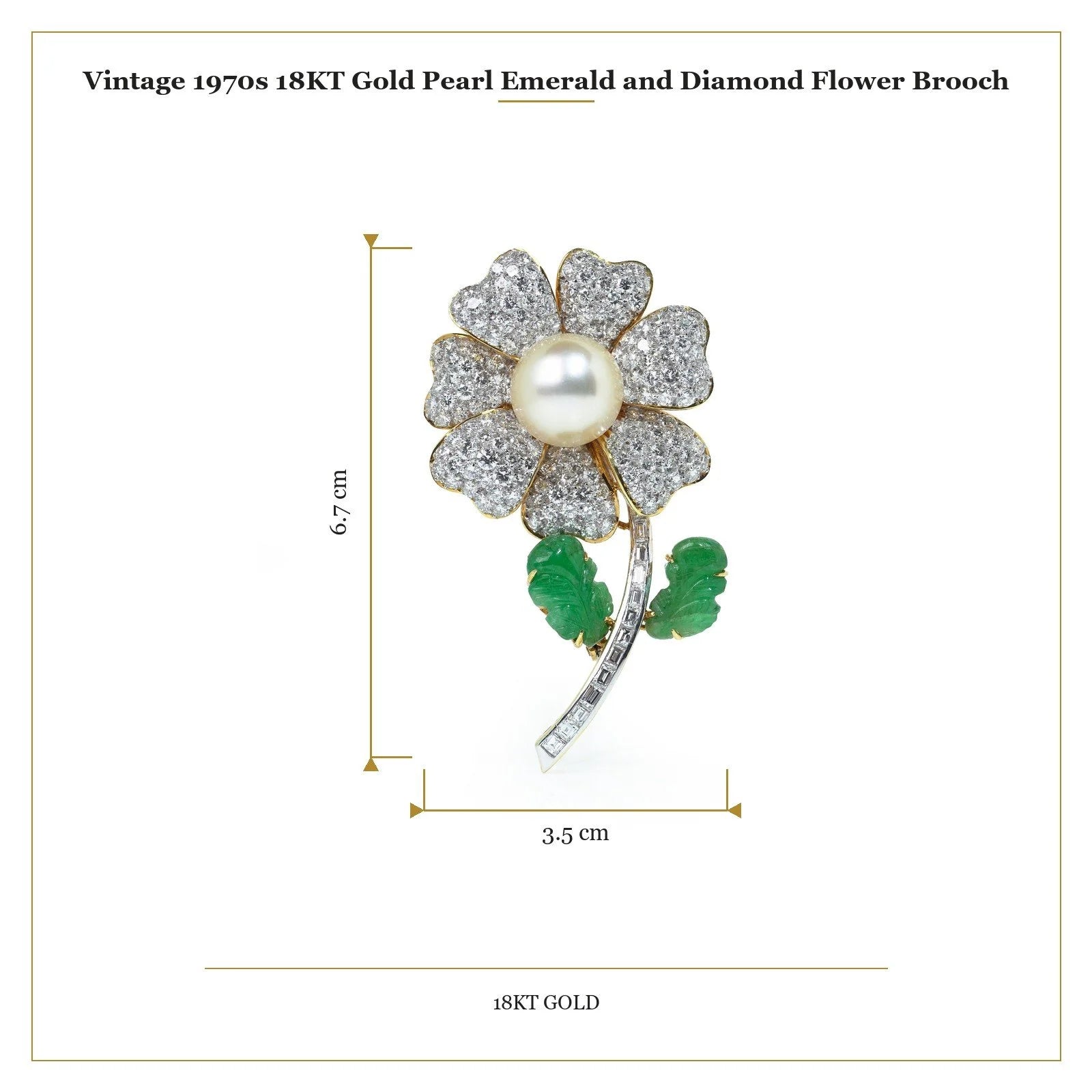 A flower brooch set with diamonds, a pearl centre and emerald leaves, in yellow and white gold, with measurements