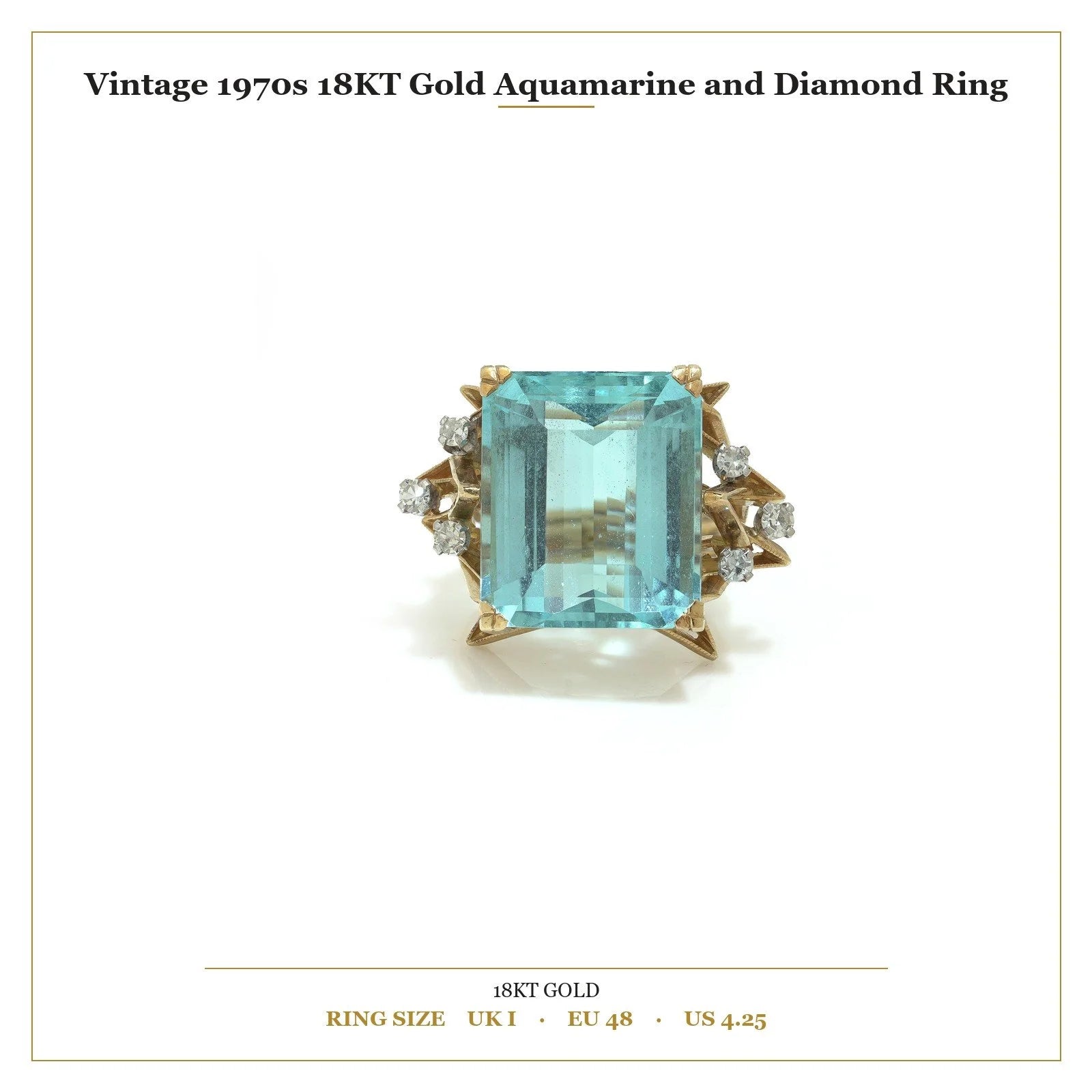 Retro 12cts Aquamarine and Diamond Cocktail Ring. Yellow Gold
