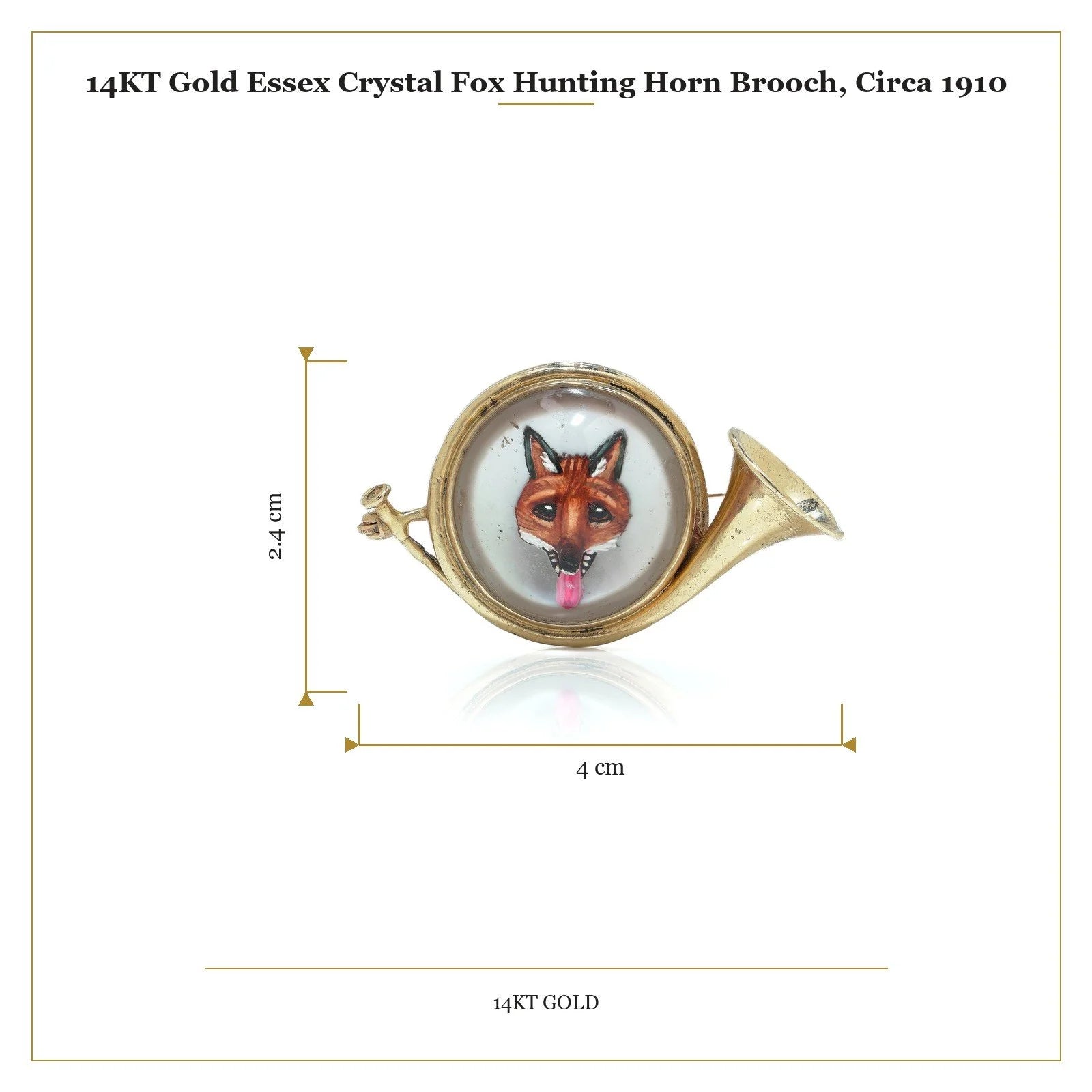 14KT Gold Essex Crystal Fox Hunting Horn Brooch, Circa 1910