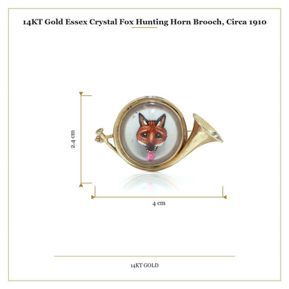 14KT Gold Essex Crystal Fox Hunting Horn Brooch, Circa 1910