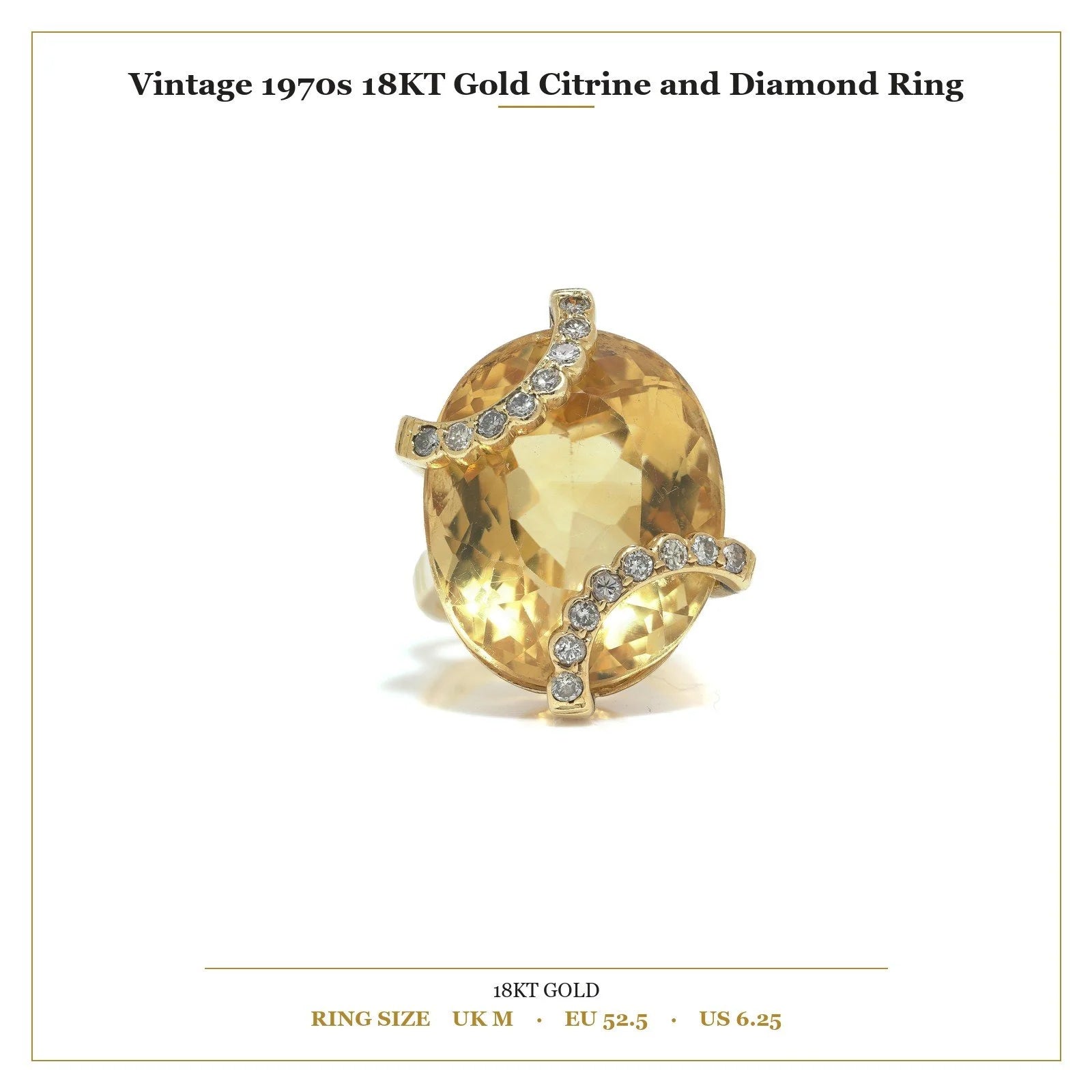 An oval citrine and diamond cocktail ring in yellow gold, with measurements
