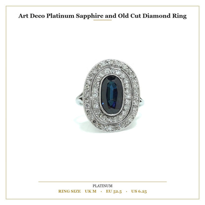 Art Deco Platinum Sapphire and Old Cut Diamond Ring