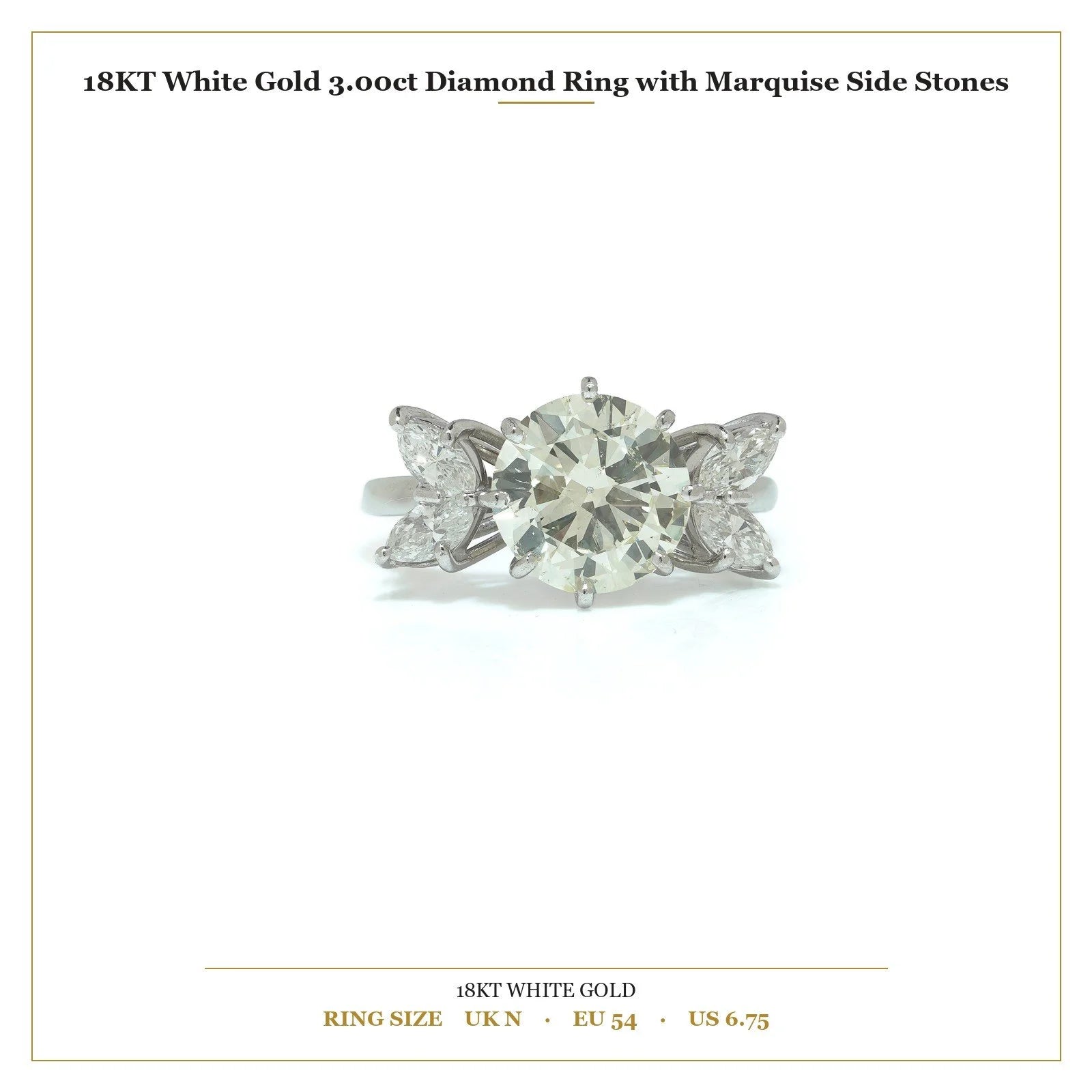 18KT White Gold 3.00ct Diamond Ring with Marquise Side Stones