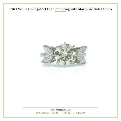 18KT White Gold 3.00ct Diamond Ring with Marquise Side Stones