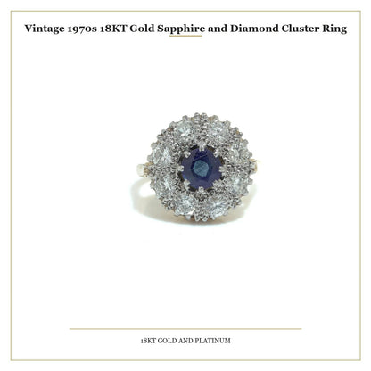 Vintage 1970s 18KT Gold Sapphire and Diamond Cluster Ring