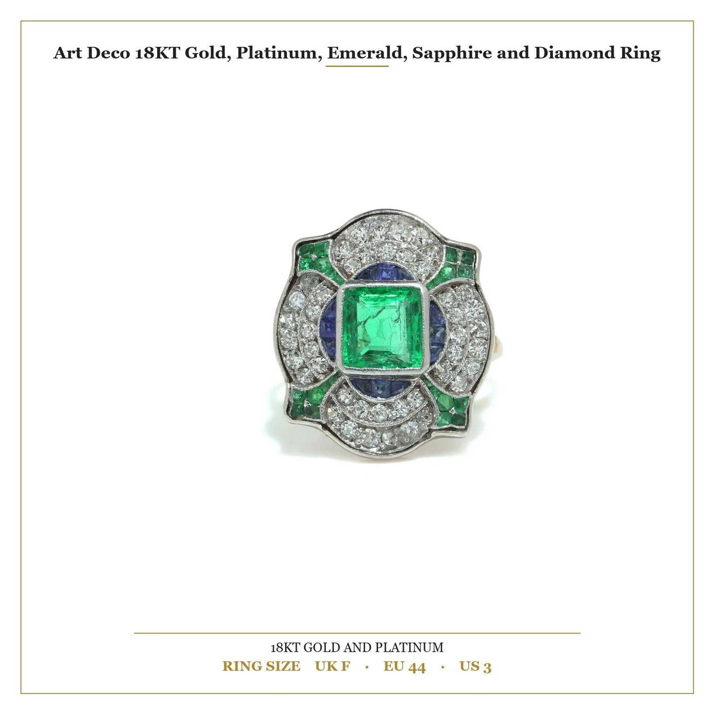Art Deco 18KT Gold, Platinum, Emerald, Sapphire and Diamond Ring