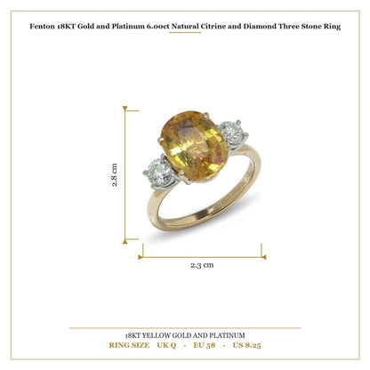 Fenton 18 Carat Yellow Gold and Platinum 6.00 Carat Citrine and Diamond Three Stone Ring