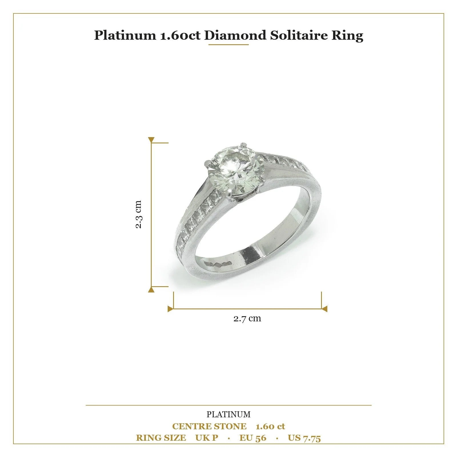 A brilliant cut diamond solitaire ring with square diamond set shoulders, in platinum, with measurements