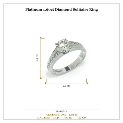 A brilliant cut diamond solitaire ring with square diamond set shoulders, in platinum, with measurements