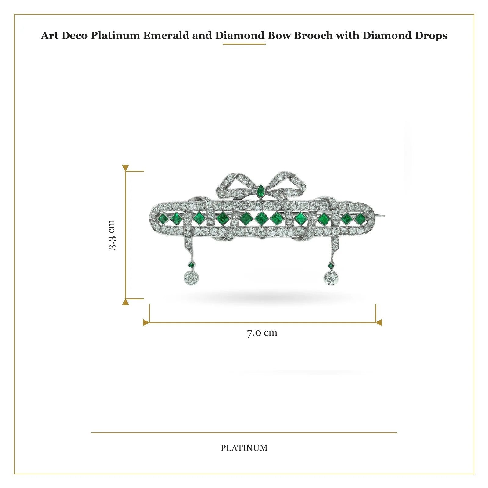 Art Deco Platinum Emerald and Diamond Bow Brooch with Diamond Drops