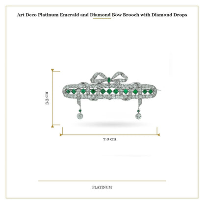 Art Deco Platinum Emerald and Diamond Bow Brooch with Diamond Drops