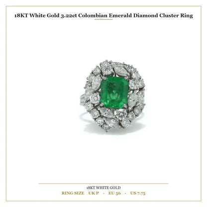 18 ct White Gold 3.22 ct Colombian Emerald Diamond Cluster Engagement Ring