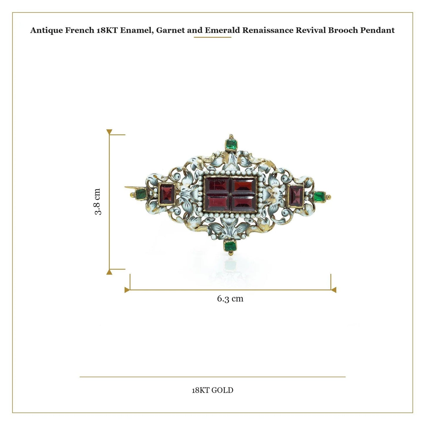 Antique French 18KT Enamel, Garnet and Emerald Renaissance Revival Brooch Pendant