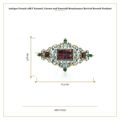 Antique French 18KT Enamel, Garnet and Emerald Renaissance Revival Brooch Pendant