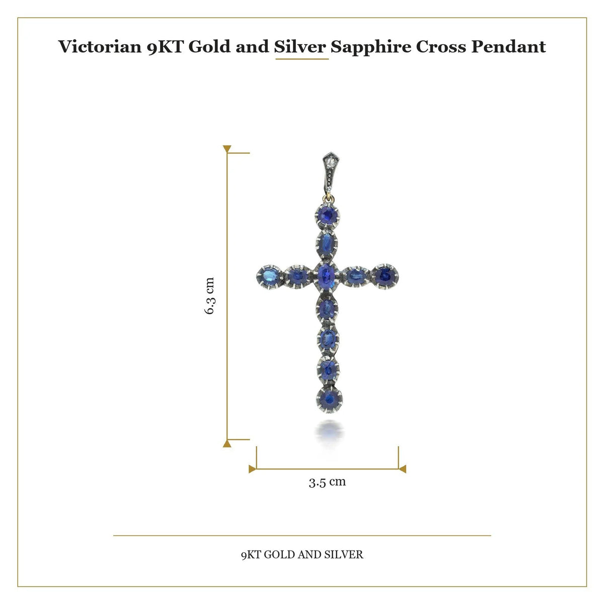 Victorian 9 Carat Gold and Silver Sapphire Cross Pendant, 3.40 Carats