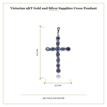 Victorian 9 Carat Gold and Silver Sapphire Cross Pendant, 3.40 Carats