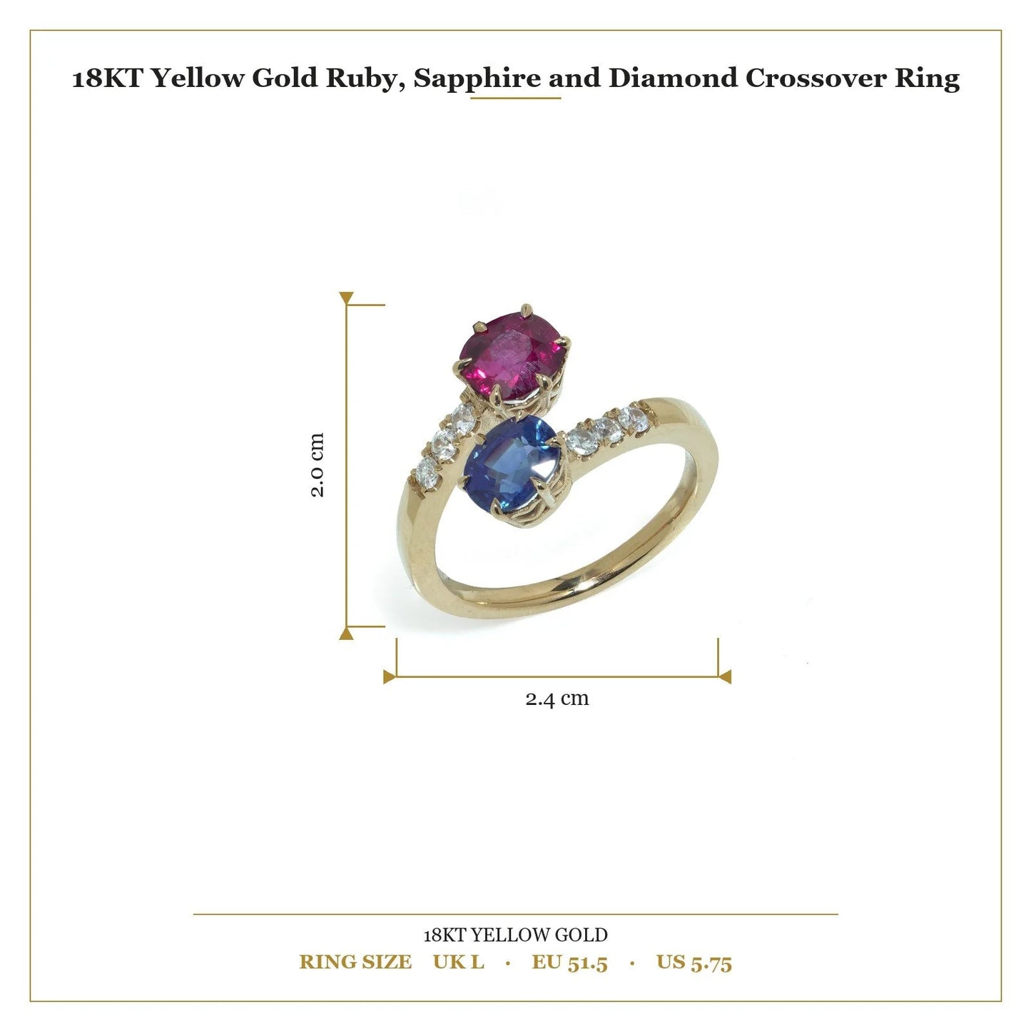 18 Carat Yellow Gold Ruby, Sapphire and Diamond Crossover Ring