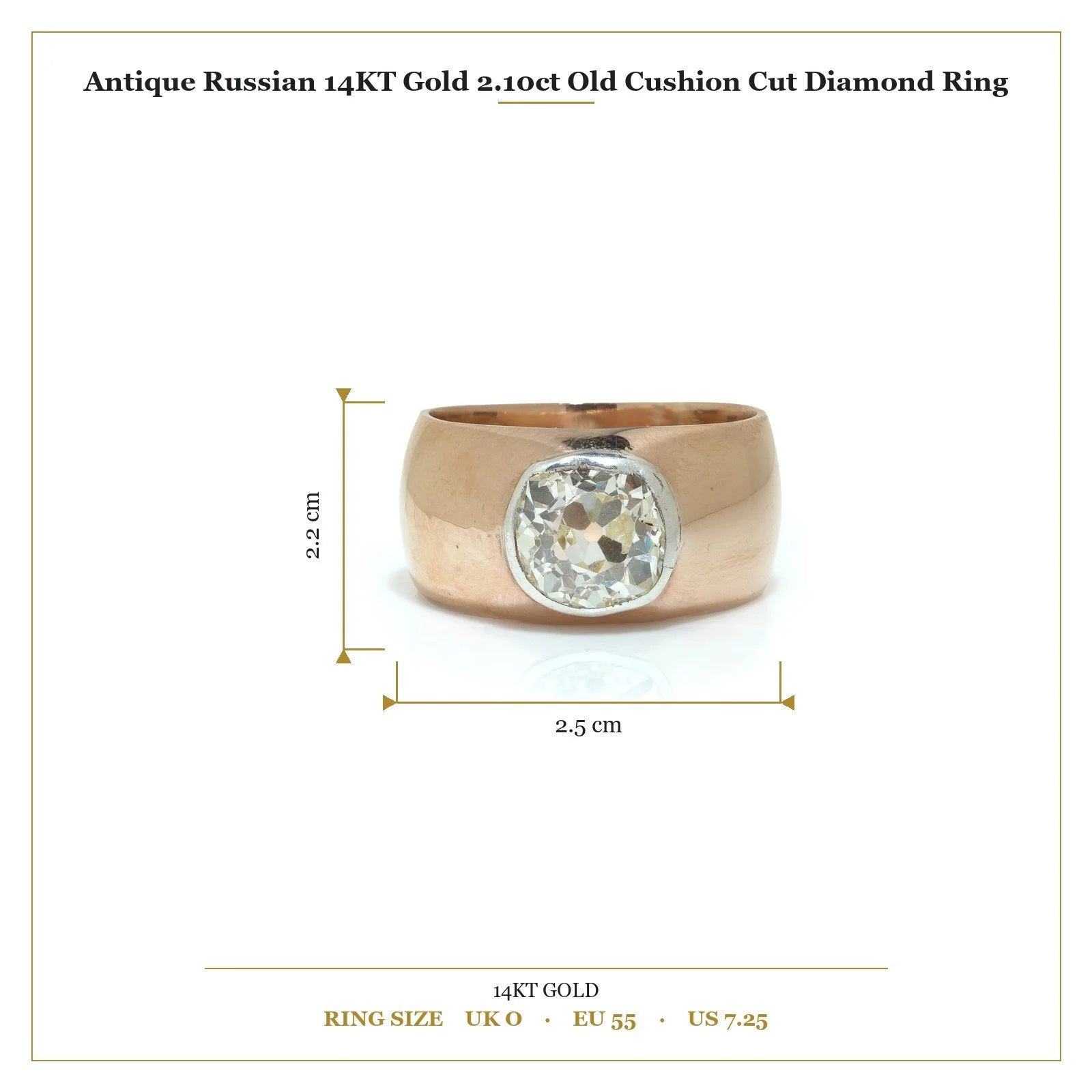 Antique Russian 14KT Gold 2.10ct Old Cushion Cut Diamond Ring