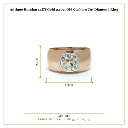Antique Russian 14KT Gold 2.10ct Old Cushion Cut Diamond Ring