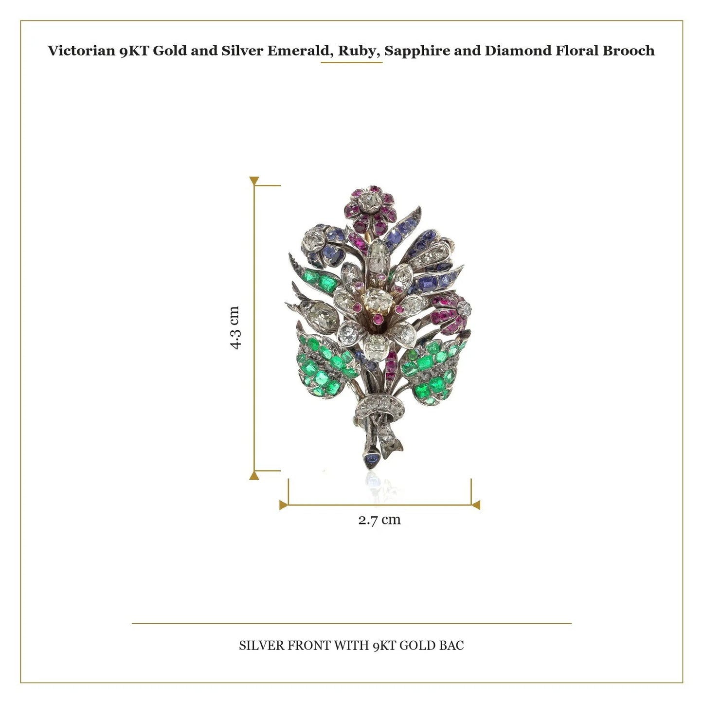 Victorian 9KT Gold and Silver Emerald, Ruby, Sapphire and Diamond Floral Brooch