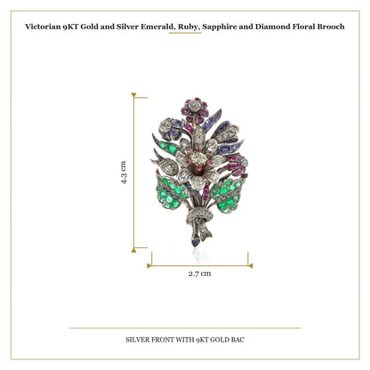 Victorian 9KT Gold and Silver Emerald, Ruby, Sapphire and Diamond Floral Brooch