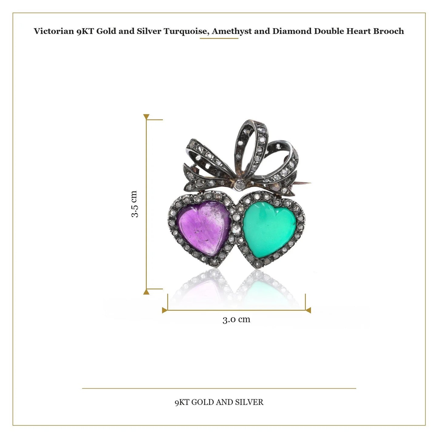 Victorian 9KT Gold and Silver Turquoise, Amethyst and Diamond Double Heart Brooch