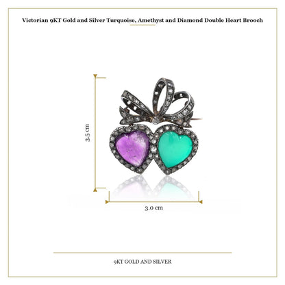 Victorian 9KT Gold and Silver Turquoise, Amethyst and Diamond Double Heart Brooch