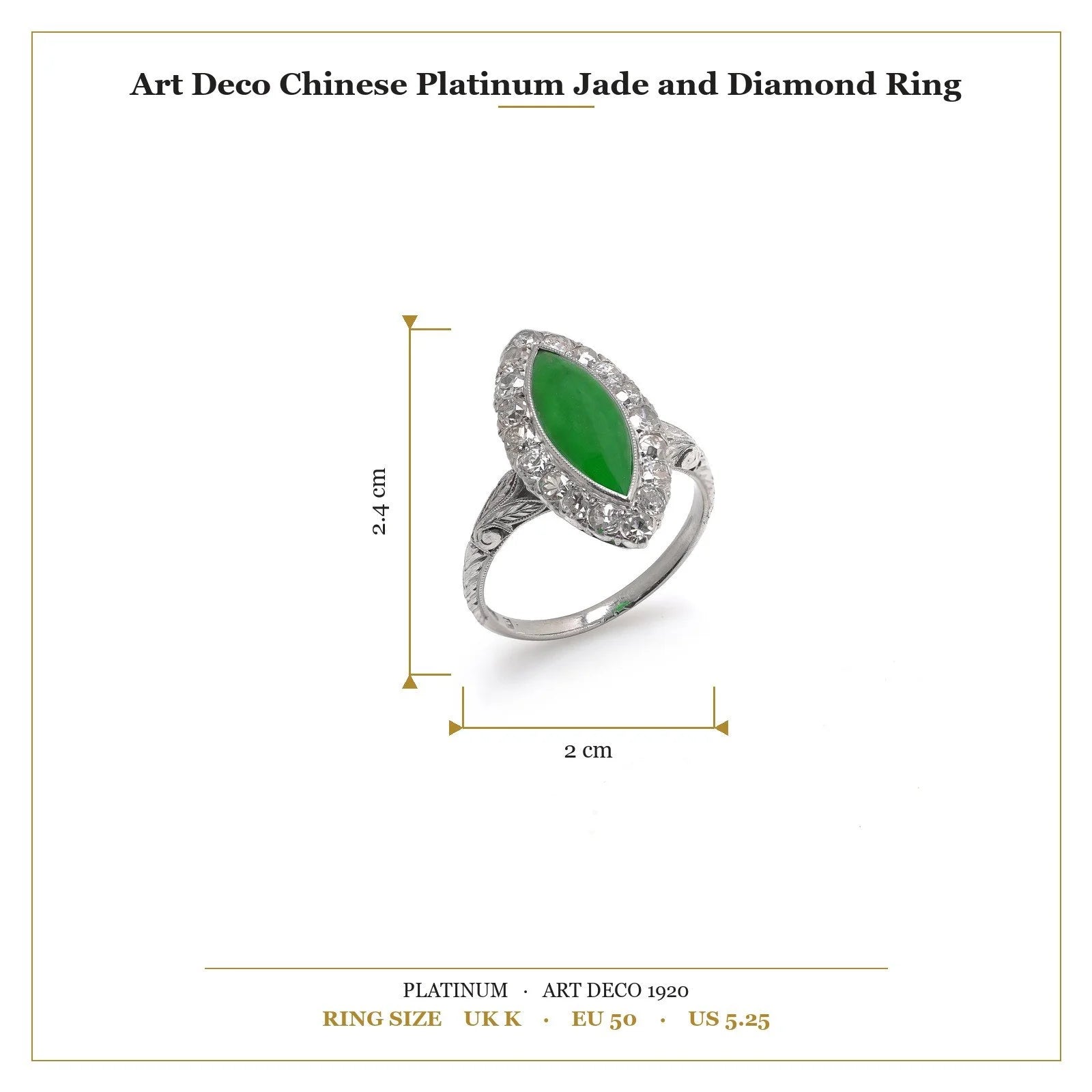 A jade and diamond navette shaped cluster ring in platinum, with measurements