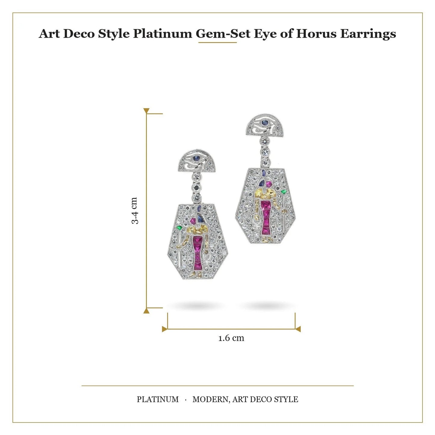 A pair of Eye of Horus drop earrings set with diamonds, rubies, emeralds, blue sapphires and yellow sapphires, in platinum, with measurements
