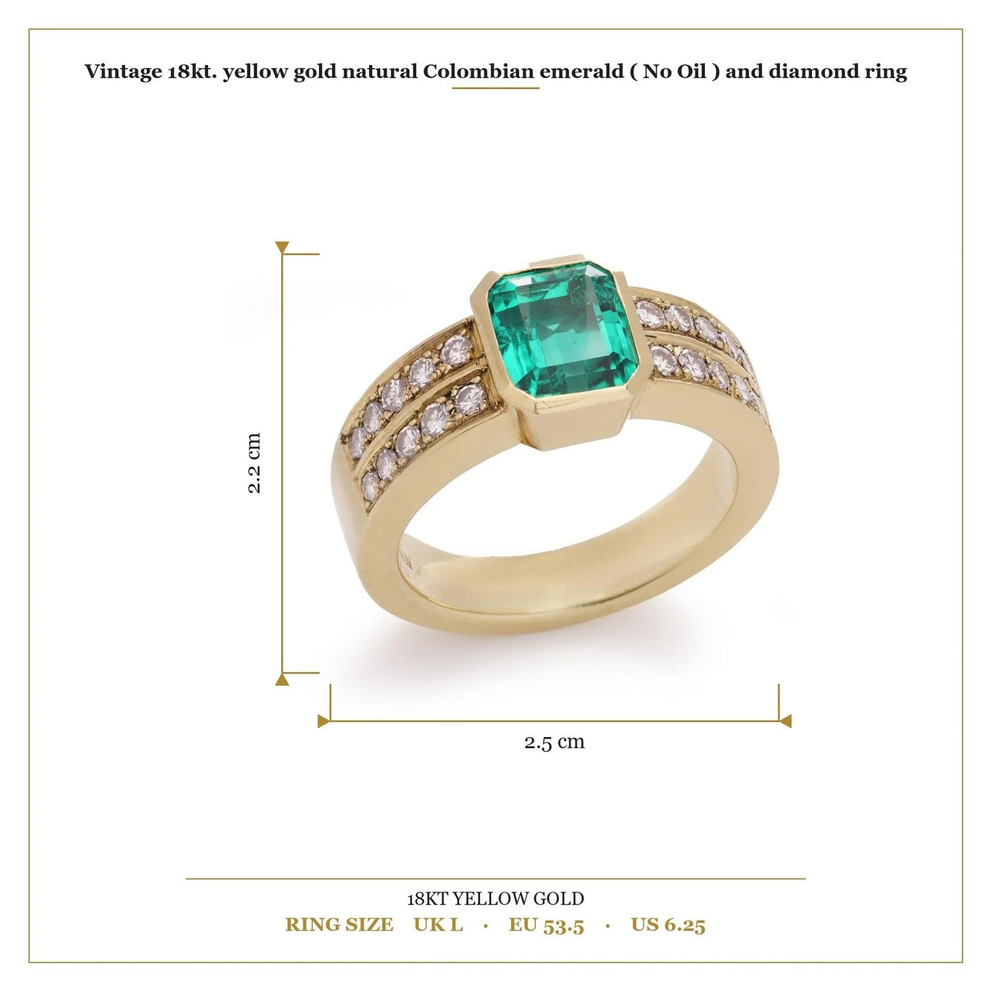 Vintage 18 ct Yellow Gold Natural Colombian Emerald ( No Oil ) And Diamond Ring