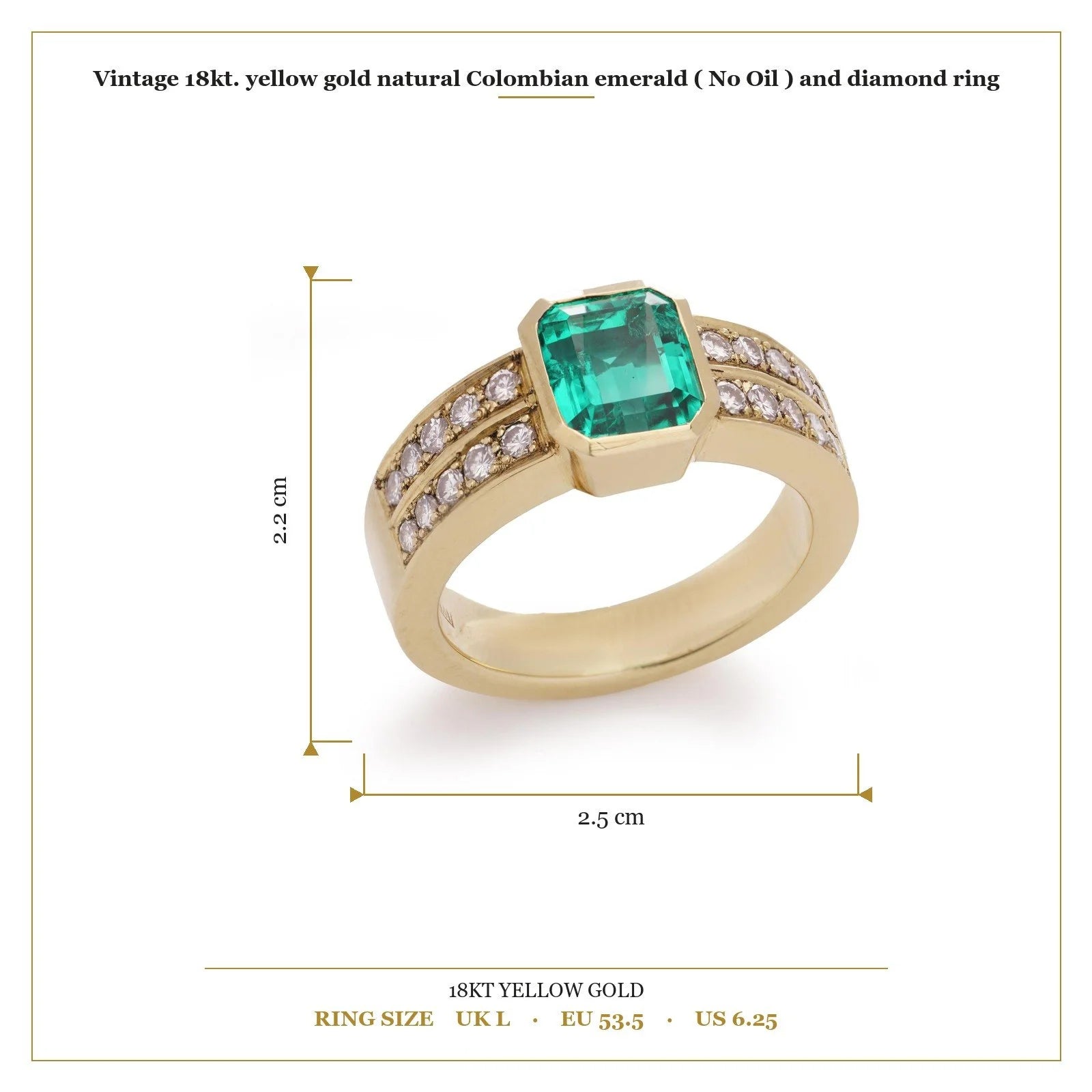 Vintage 18 ct Yellow Gold Natural Colombian Emerald ( No Oil ) And Diamond Ring