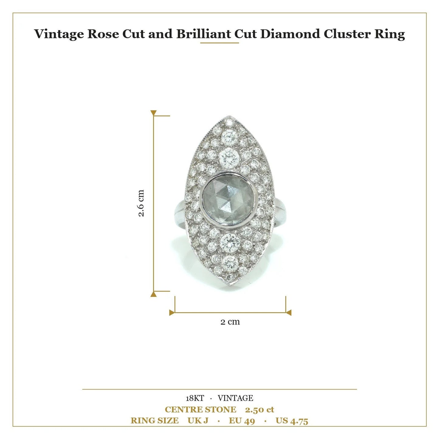 A marquise shaped diamond cluster ring with a central rose cut diamond, in white gold, with measurements