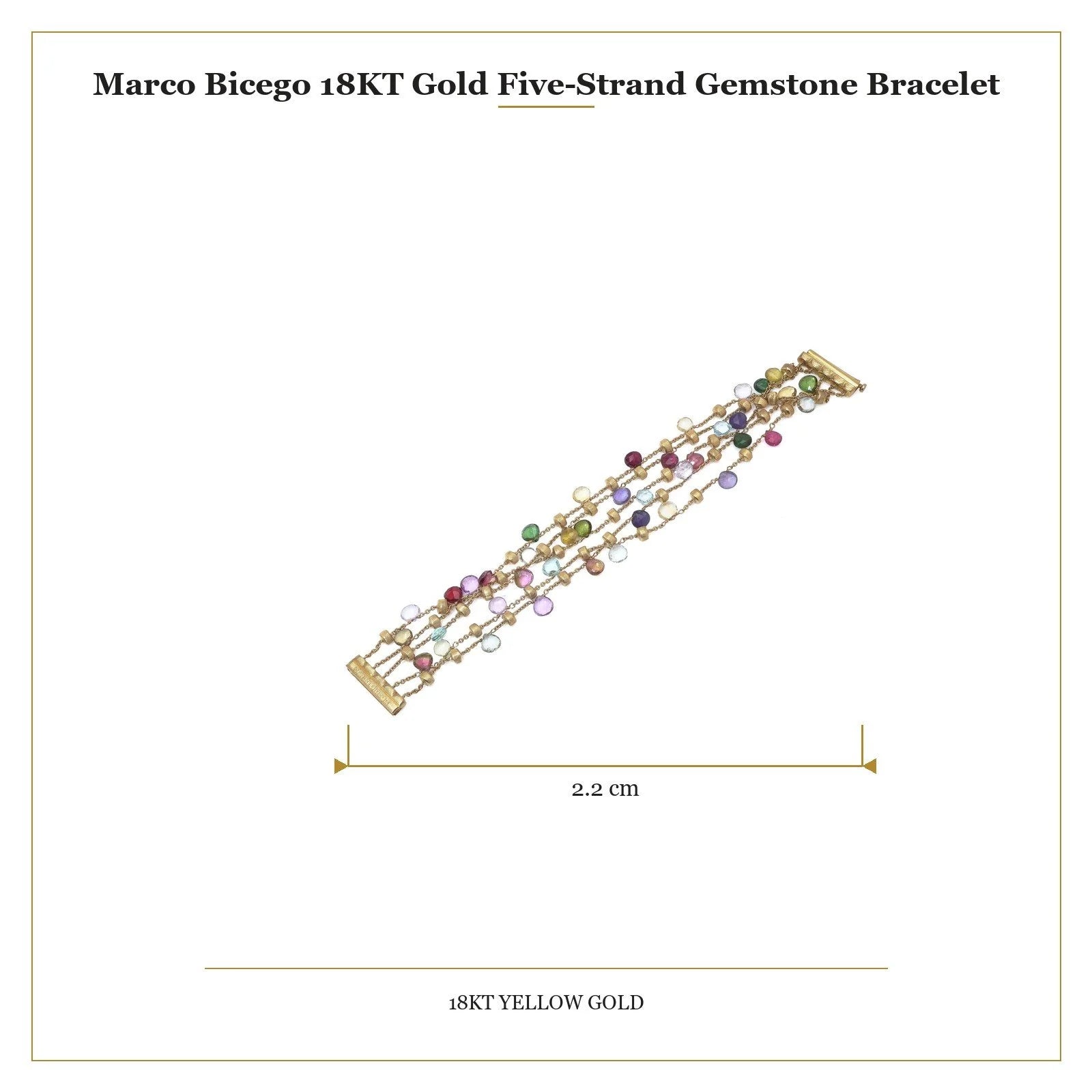 A yellow gold five row multi-gemstone bracelet, with measurements
