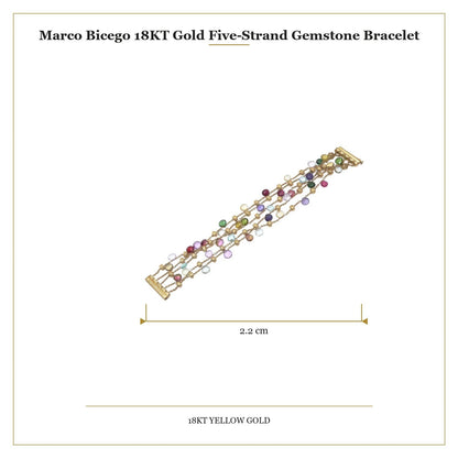 A yellow gold five row multi-gemstone bracelet, with measurements