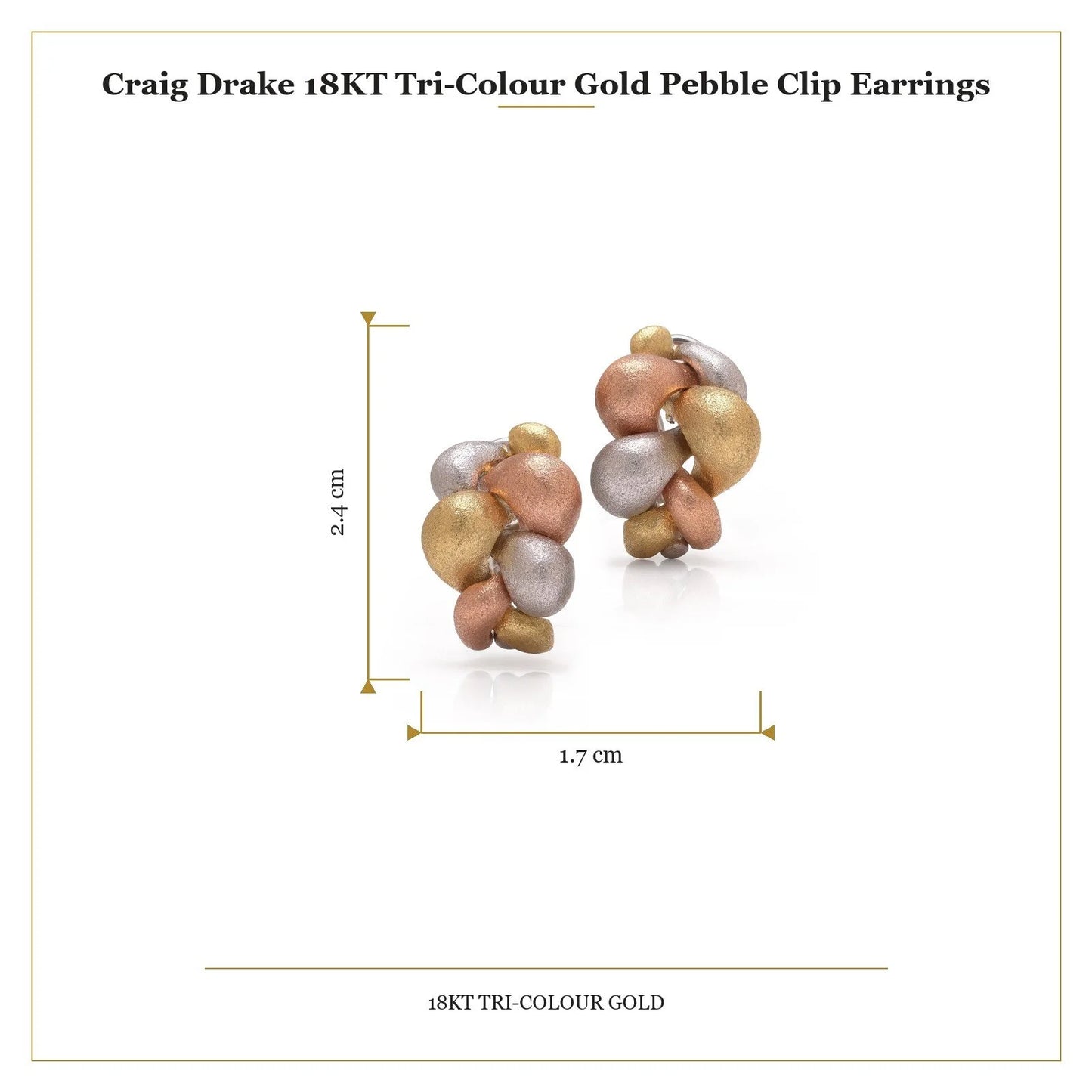 A pair of textured yellow, rose and white gold pebble design earrings, with measurements