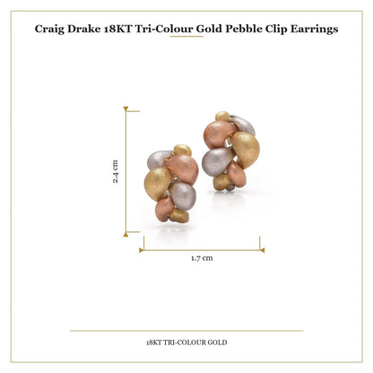 A pair of textured yellow, rose and white gold pebble design earrings, with measurements