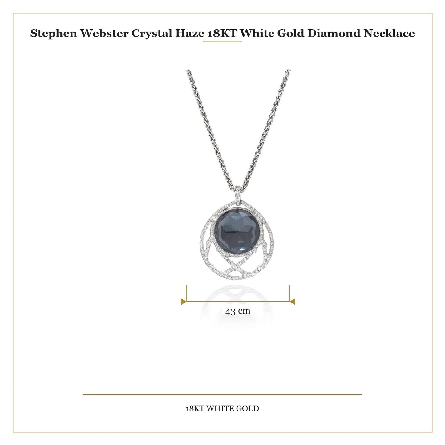 A dark crystal and white diamond pendant with a white gold chain with measurements