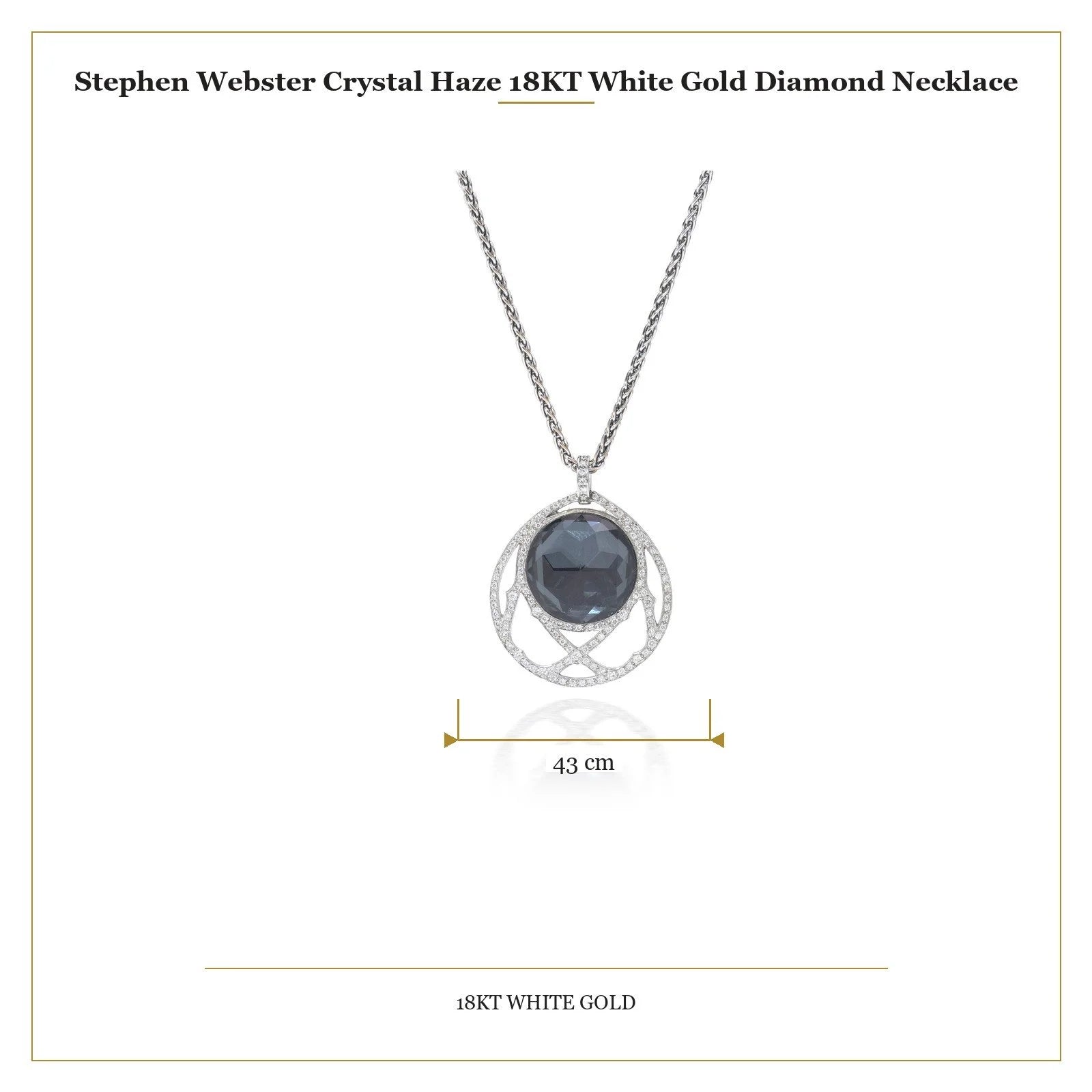 A dark crystal and white diamond pendant with a white gold chain with measurements