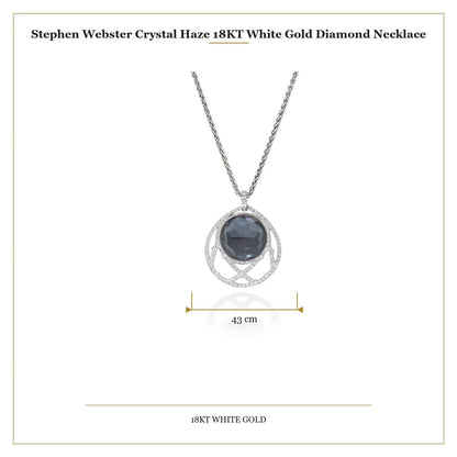 A dark crystal and white diamond pendant with a white gold chain with measurements