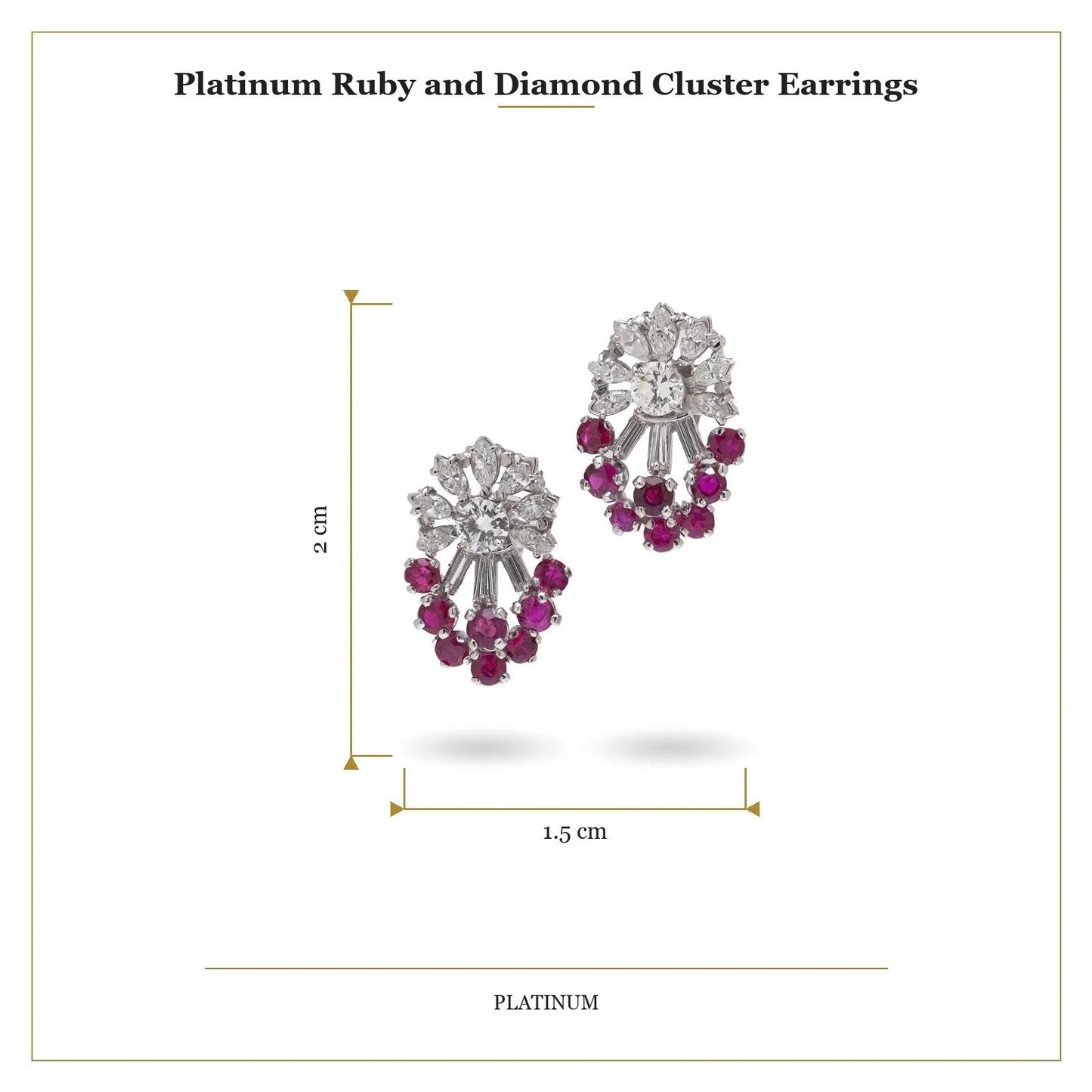 A pair of diamond and ruby fancy cluster stud earrings in platinum, with measurements