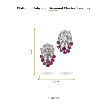 A pair of diamond and ruby fancy cluster stud earrings in platinum, with measurements