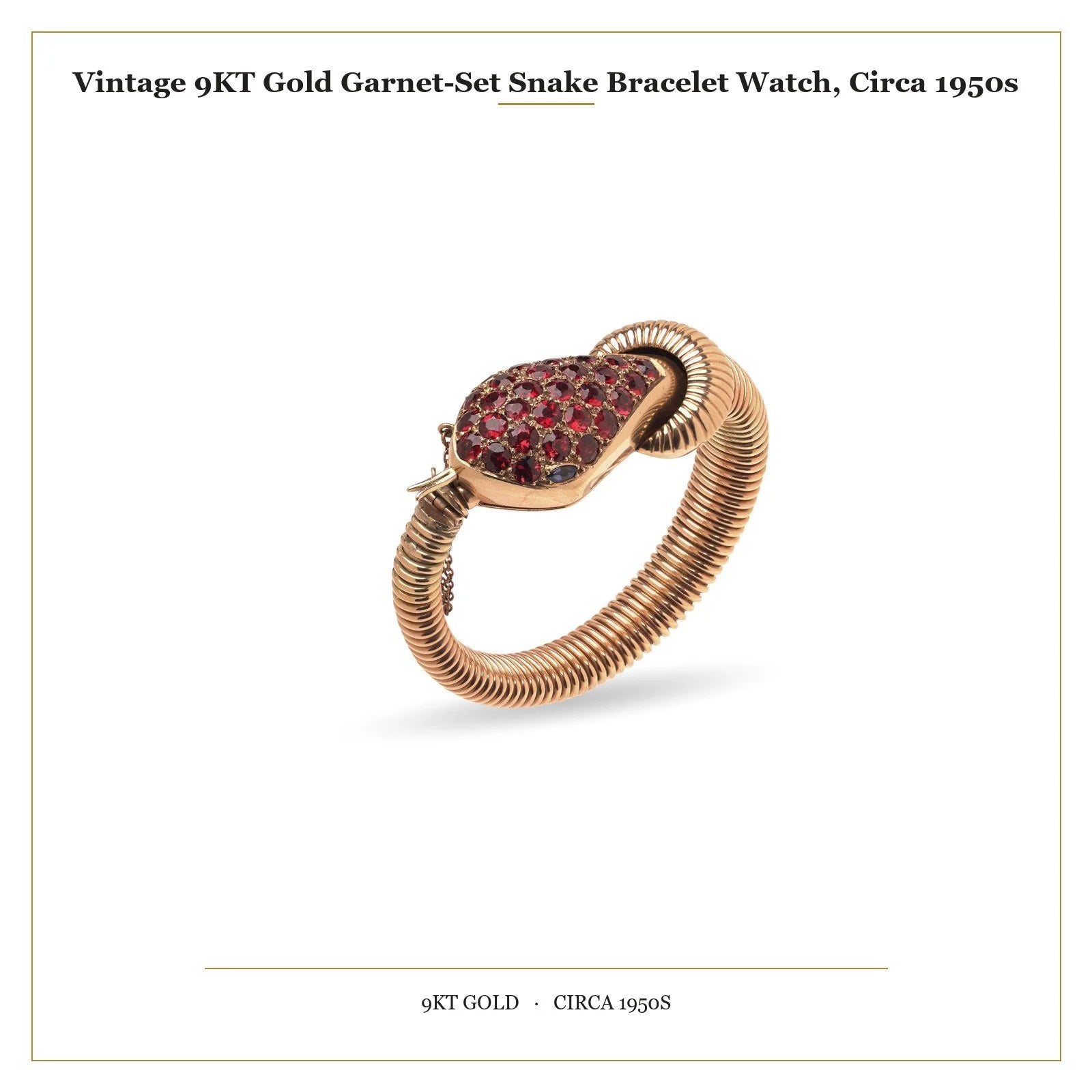 Vintage 9KT Gold Garnet-Set Snake Bracelet Watch, Circa 1950s