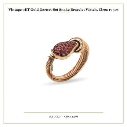 Vintage 9KT Gold Garnet-Set Snake Bracelet Watch, Circa 1950s