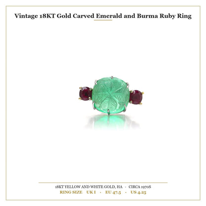 Vintage 18KT Gold Carved Emerald and Burma Ruby Ring