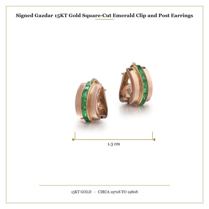 Signed Gazdar 15KT Gold Square-Cut Emerald Clip and Post Earrings